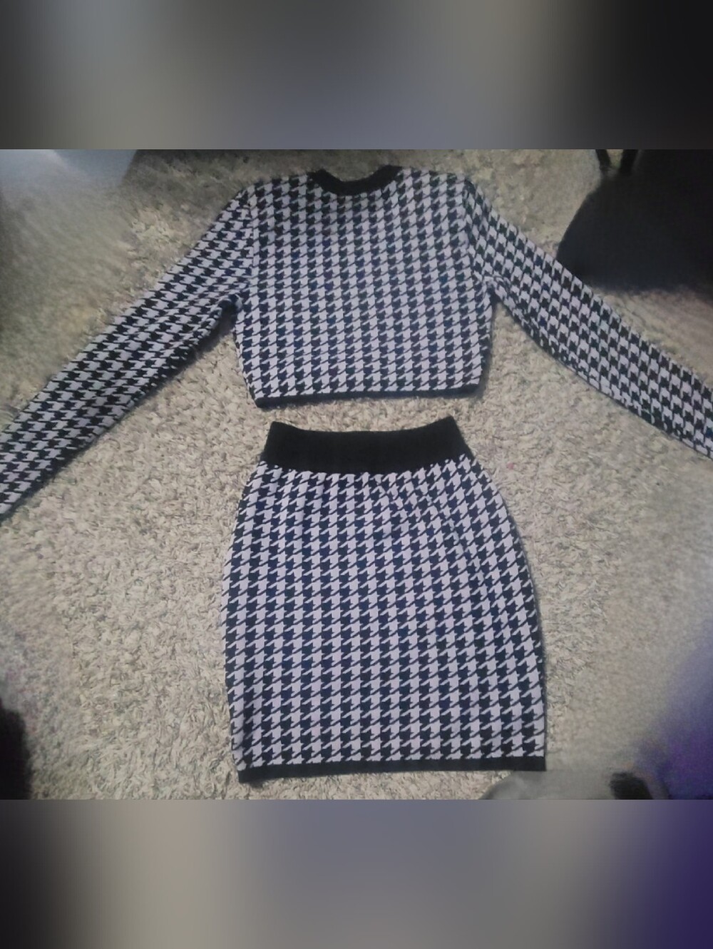 women's houndstooth crop sweater and Mini skirt set W/ Soft Shoulder Pads